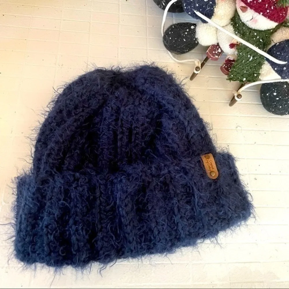 Handmade Crochet Fuzzy Warm Wool Blend Cable Knit Hat Dark Blue Beanie Winter